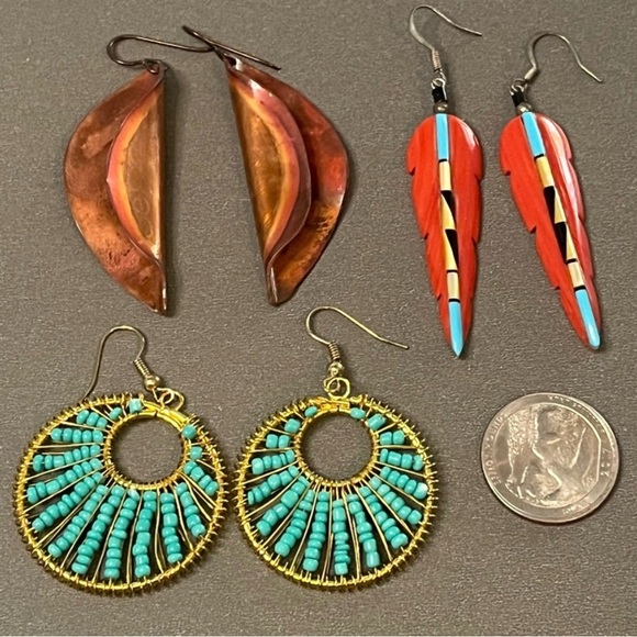 Vintage Boho Earring Bundle Turquoise Shell Bohemian Tribal Colors Beaded Drop - Picture 10 of 10